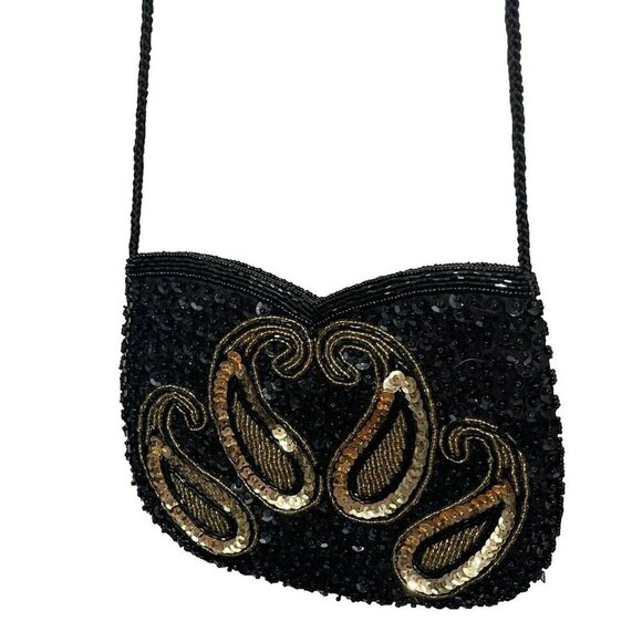 Vtg Shoulder Bag Clutch Beaded Back Sequined Front Paisley Hong Kong “Sample” - Picture 2 of 10
